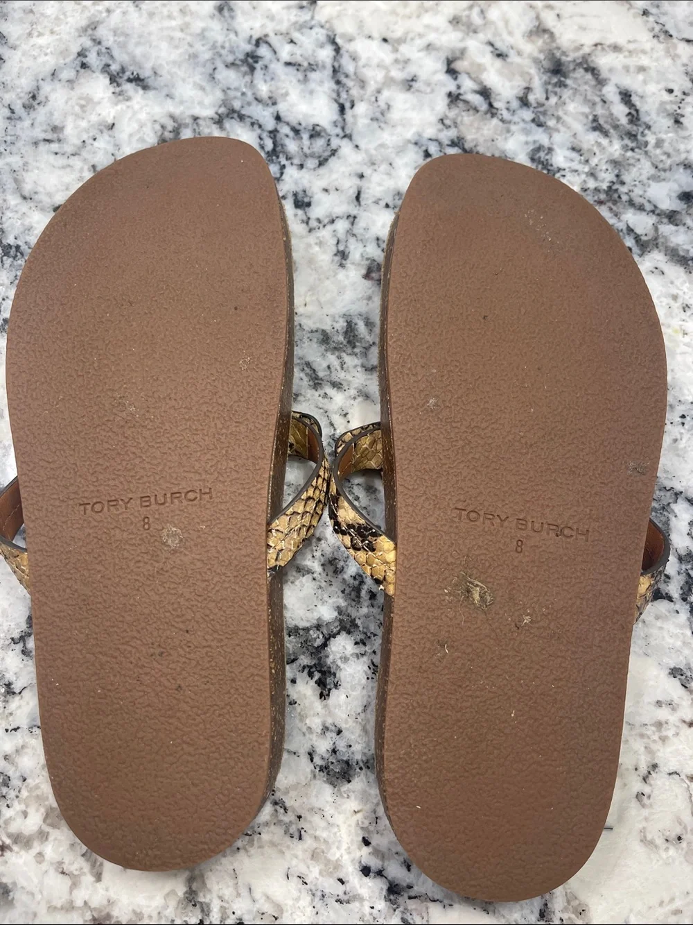 Tory Burch Snake-Print Tan and Black Logo Thong Sandals